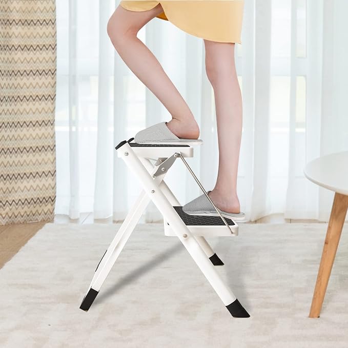 2 Step Stool Folding Step Ladder with Anti-Slip Base and Wide Pedal, Lightweight Sturdy 330 lbs Portable Step Stool for Kitchen Pantry Closet Office Garage Travel Indoor Outdoor Use, White