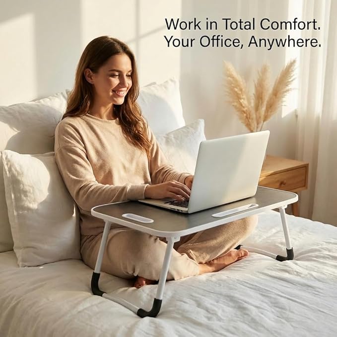 BUYIFY Foldable Lap Desk for Laptop & Writing - 23 inch Bed Tray Table with Cup Holder & Tablet Slot - Portable Notebook Stand for Eating, Sofa, Couch & WFH Students (Black)