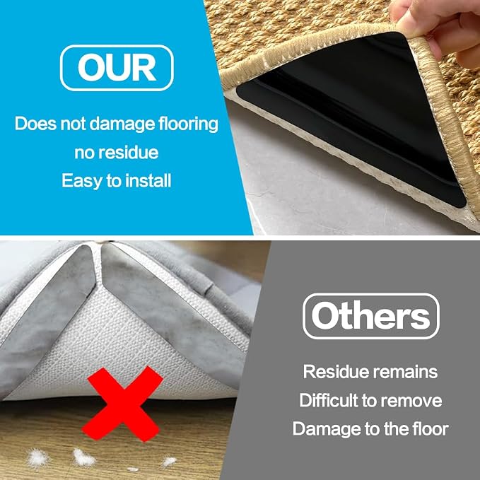 Rug Gripper for Hardwood Floors: No Damage Rug Grip for Area Rugs on Carpet & Hardwood Floors – Strong Hold, Safe for All Flooring (12 PCS)