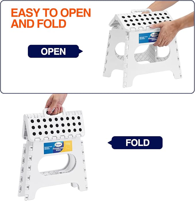 Korpai 11" Folding Step Stool for Adults and Kids Holds Up to 300 lbs,Non-Slip Folding Stools with Portable Handle, Compact Plastic Foldable Step Stool for Bathroom,Bedroom, Kitchen,White,1PC