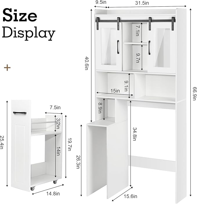 Over The Toilet Storage Cabinet, Extendable Rolling Drawer-Style, Mobile, Acrylic Sliding Doors, Adjustable Shelving, Compact Bathroom Storage with Toilet Paper Holder for Bathroom, Laundry Room