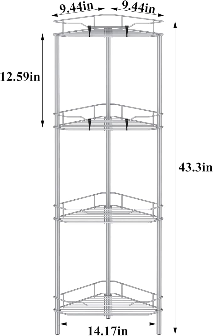 HuggieGems 4 Tier Floor Standing Corner Shower Caddy Organizer Shelf with Hooks, Bathroom Shelves Stand Rack, Silver