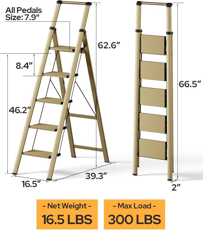 5 Step Ladder for 10 Feet High Ceiling, Lightweight Aluminum Folding Step Stool with Convenient Handgrip, Stepladders with Anti-Slip and Wide Pedal for Home Use Space Saving - Gold