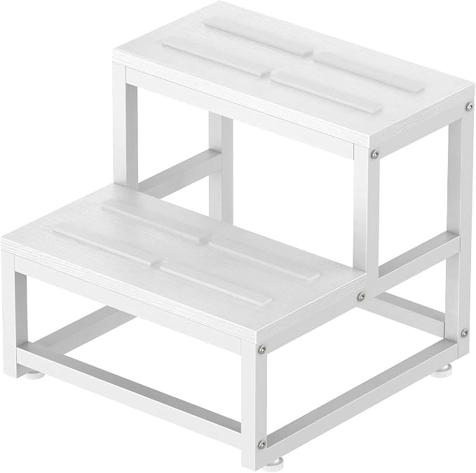 LIANTRAL 2 Step Stool for Adults Kids, Heavy Duty Sturdy Steel Frame with Wooden Steps, Bedside Foot Stool with 500lbs Load Capacity, Non-Slip Step Stool for High Bed, Kitchen, RV Step - White