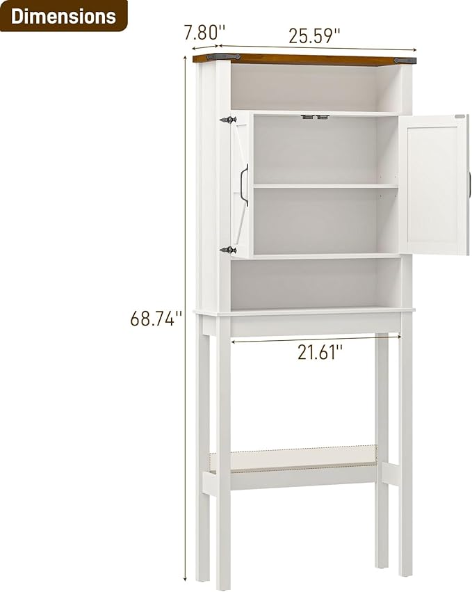 Halitaa Over The Toilet Storage Cabinet, Farmhouse Over Toilet Bathroom Organizer with 2 Barn Doors, Narrow Above Toilet Storage Cabinet, Behind Toilet Bathroom Organizer, White and Brown
