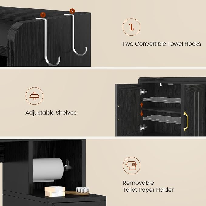 UPOSOJA Over The Toilet Storage Cabinet with Pulley, Bathroom Cabinet, Space Saver W/Adjustable Shelf Rack for Bathroom, Restroom, Laundry (Black-Type A)