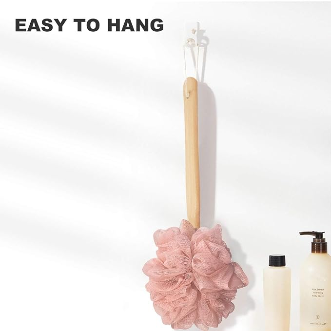 Pink Loofah with Handle - Cute Back Scrubber & Exfoliating Shower Sponge, Soft Mesh Luffa on Wooden Stick, Bath Brush for Women and Girls