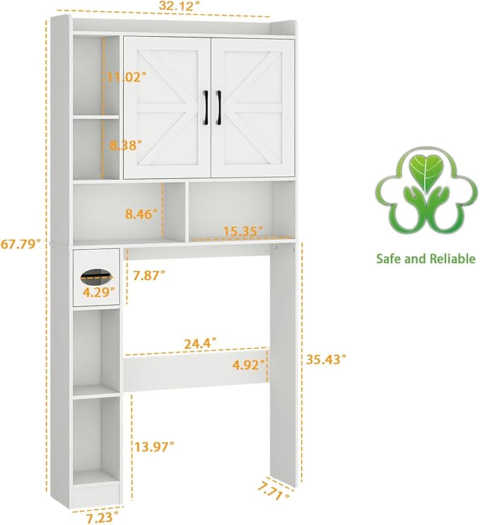 Vabches Over The Toilet Storage Cabinet, Farmhouse Storage Cabinet Over Toilet with 2 Barn Door & Toilet Paper Holder Stand, Home Space-Saving Rack, for Bathroom, Restroom (White).