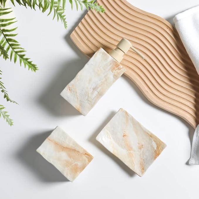RQYIXI Bathroom Accessories Set 4 Pcs Marble Look Sets Toothbrush Holder Soap Dispenser Counter Top Ceramic Bathroom Decor Set Beige