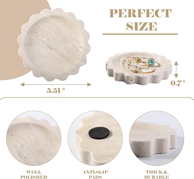 Koville 5.51" Travertine Tray, Natural Stone Trinket Dish for Ring Perfume, Round Scalloped Decorative Tray for Bathroom Vanity Dresser Countertop, Home Table Decor