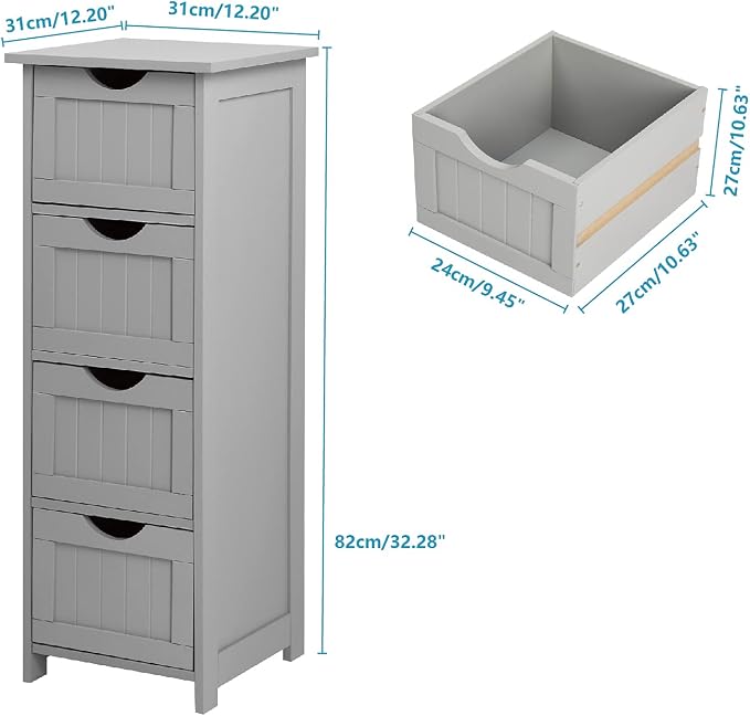 Bonnlo Skinny Bathroom Floor Storage Cabinet, 12 Inch Wide Deep Small Storage Organizer with 4 Drawers, Wooden Modern Grey Thin Free Standing Tower Cabinet w/ 4 Cute Drawers for Bathroom, Living Room