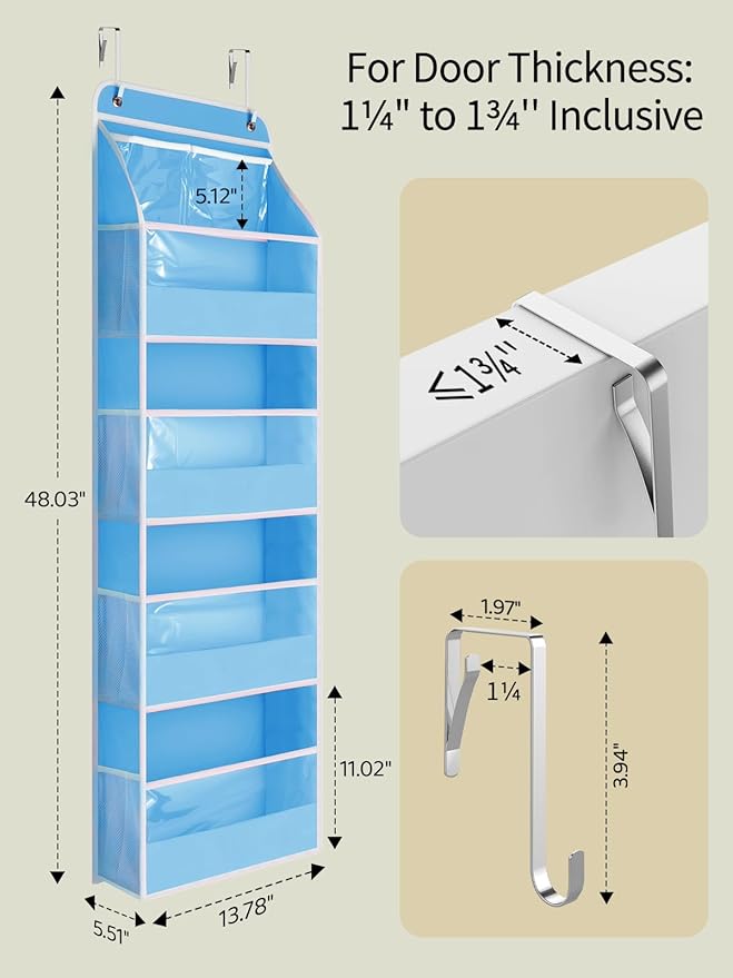 Yecaye 5 Tier Over the Door Organizer, Stuffed Animal Storage with Clear PVC Windows, Pink Room Decor for Dorm Essentials Bedroom Nursery Closet Laundry Pantry Bathroom, Soft Sky Blue