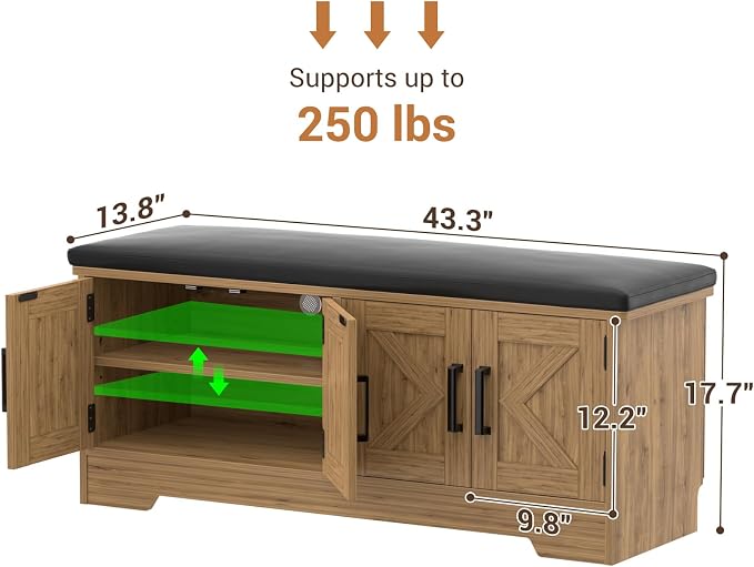 Farmhouse Shoe Storage Bench with Cushion - 43.3" Entryway Bench with Storage & 4 Barn Doors, 2-Tier Wooden Shoe Rack Bench, Shoe Cabinet & Mudroom Bench for Bedroom Hallway Living Room, Brown Oak
