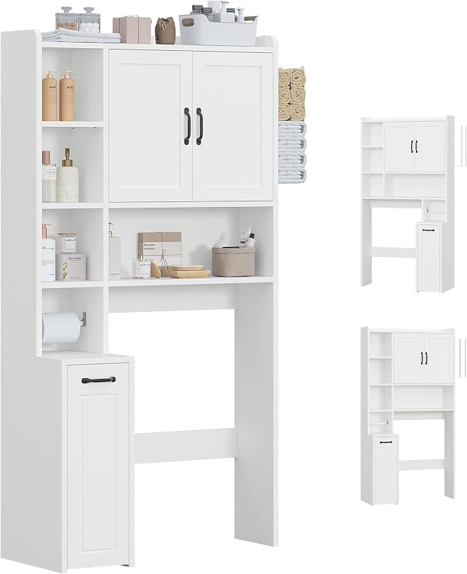 UPOSOJA Over The Toilet Storage Cabinet with Pulley Small Bathroom Storage Cabinet, Space Saver W/Adjustable Shelf & Towel Rack for Bathroom, Restroom, Laundry (White-Type B)
