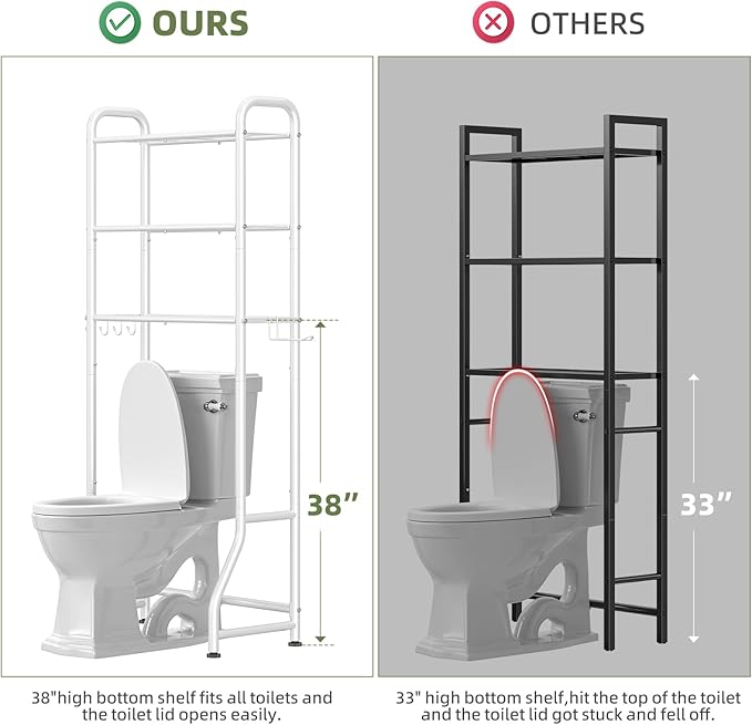 Simple Trending Over The Toilet Storage Rack, Metal 3 Tier Bathroom Organizer Shelf with Paper Holder and 3 Hooks, Freestanding Shelf Space Saver Above Toilet, White