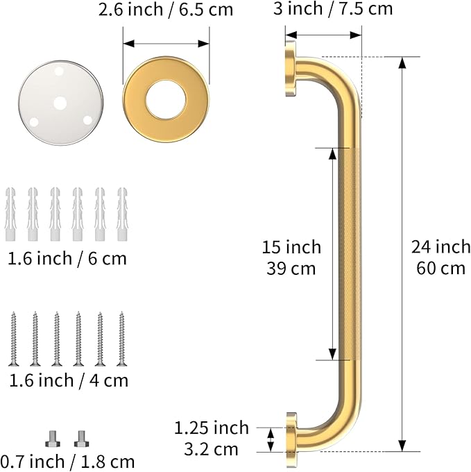 24 Inch Anti Slip Shower Grab Bar Gold, Munzong 2 Pack Bathroom Grab Bar, Knurled Bathroom Balance Bar,Safety Hand Rail Support Handicap Elderly Injury Senior Assist Bath Handle