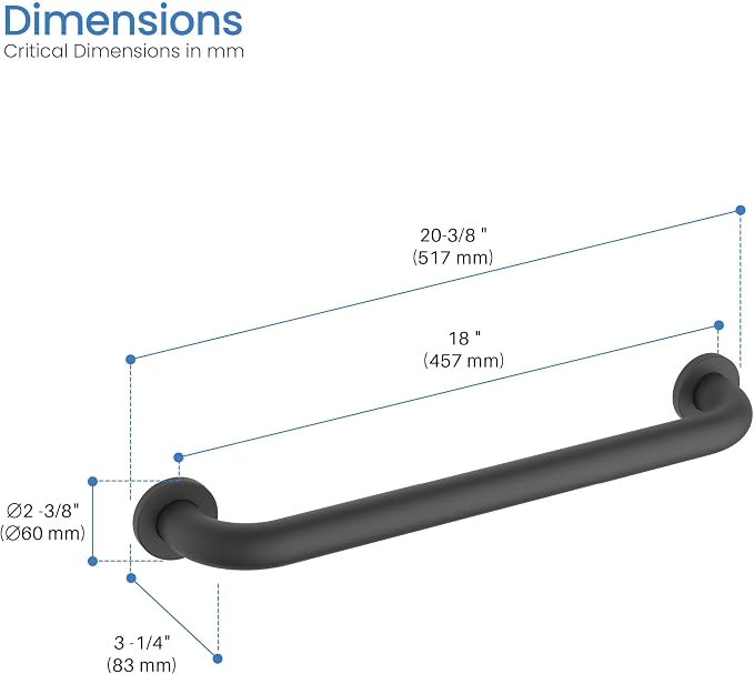 KIBI 18 Inch Stainless Steel Bathroom Safety Grab Bar | Curved Shaped Grab Bar for Bathtubs and Showers, Shower Safety Grab Bars for Seniors, Wall Mounted Anti-Slip Support (Matte Black, KGB1018)