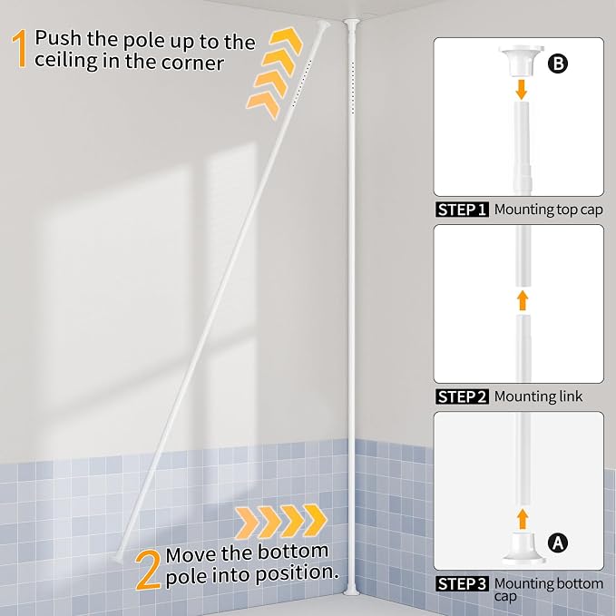 YCIA&DONE 360° Rotating Shower Caddy Tension Pole, 4 Tiers Corner Shower Organizer for Bathroom Shelf Bathtub, Adjustable Standing Shower Rack, Easily Assemble, 34-124 Inch Height, White