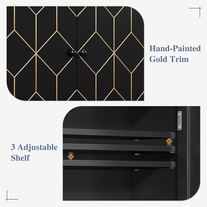 Gold Trim Over The Toilet Storage Cabinet, Double Doors Over Toilet Bathroom Organizer with Adjustable Shelves and Toilet Paper Holder, Modern Over Toilet Storage Cabinet for Bathroom (Black)