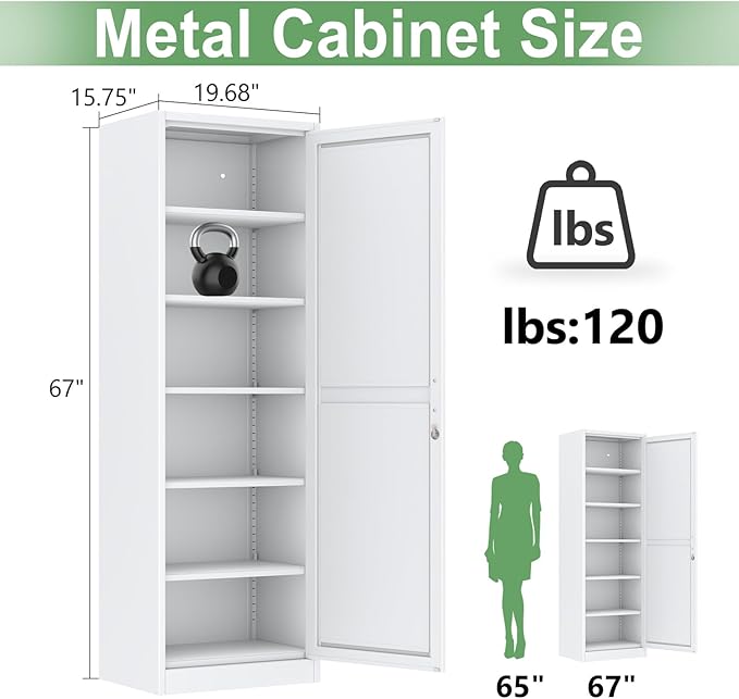 Ckzbx Metal Locker Tall Narrow Storage Cabinet, 67" H Locking Tool File Cabinets Snack Locker Organizer for School Classroom,Bedroom,Gym Home Office,Entryway and Hallway (20" W 1Door White)