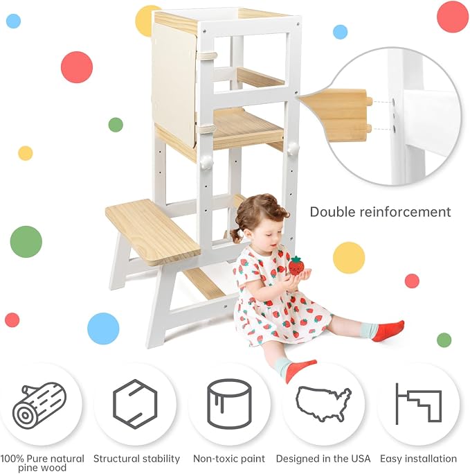 Kitchen Step Stool for Toddlers with Non-Slip Mat, WOOD CITY Wooden Kids Montessori Learning Stool Tower, Toddler Standing Tower Helper for Kitchen Counter and Bathroom Sink(White-Natural-Adjustable)