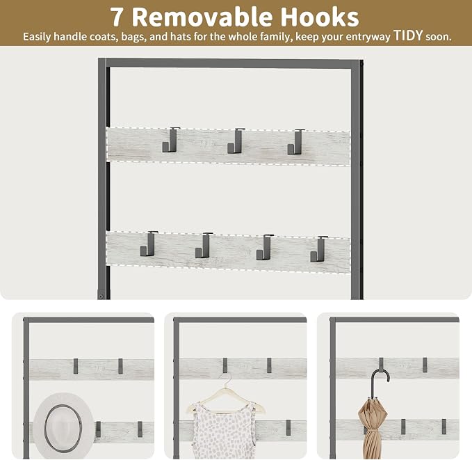 Hall Tree with Shoe Storage Bench - Entryway Bench with Coat Rack and Hooks - 3-in-1 Small Hall Tree for Entry Way, Entrance, Hallway, Doorway, Front Door, Mudroom, Small Space - Greige