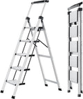 XinSunho 5 Step Ladder, Silver Aluminum Folding Stool with Retractable Handrails & Tool Tray, Anti-Slip, Sturdy Lightweight, 330lbs Safety Load for Kitchen Indoor Outdoor
