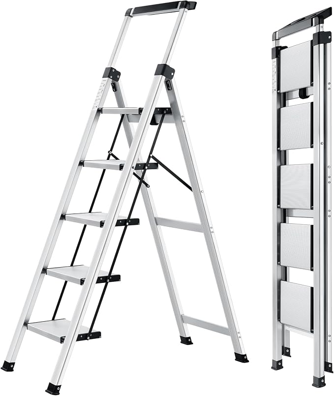 XinSunho 5 Step Ladder, Silver Aluminum Folding Stool with Retractable Handrails & Tool Tray, Anti-Slip, Sturdy Lightweight, 330lbs Safety Load for Kitchen Indoor Outdoor