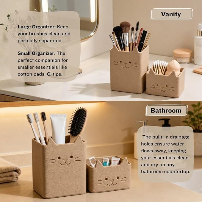 Office Desk Accessories, Set of 2 Pencil Cups, Cute Cat Pen Holder, Cute Desk Decor, Bathroom Organizer, Toothbrush Holders with Drainage, Makeup Brush Organizer, Cat Lover Gifts (Matte Latte Brown)