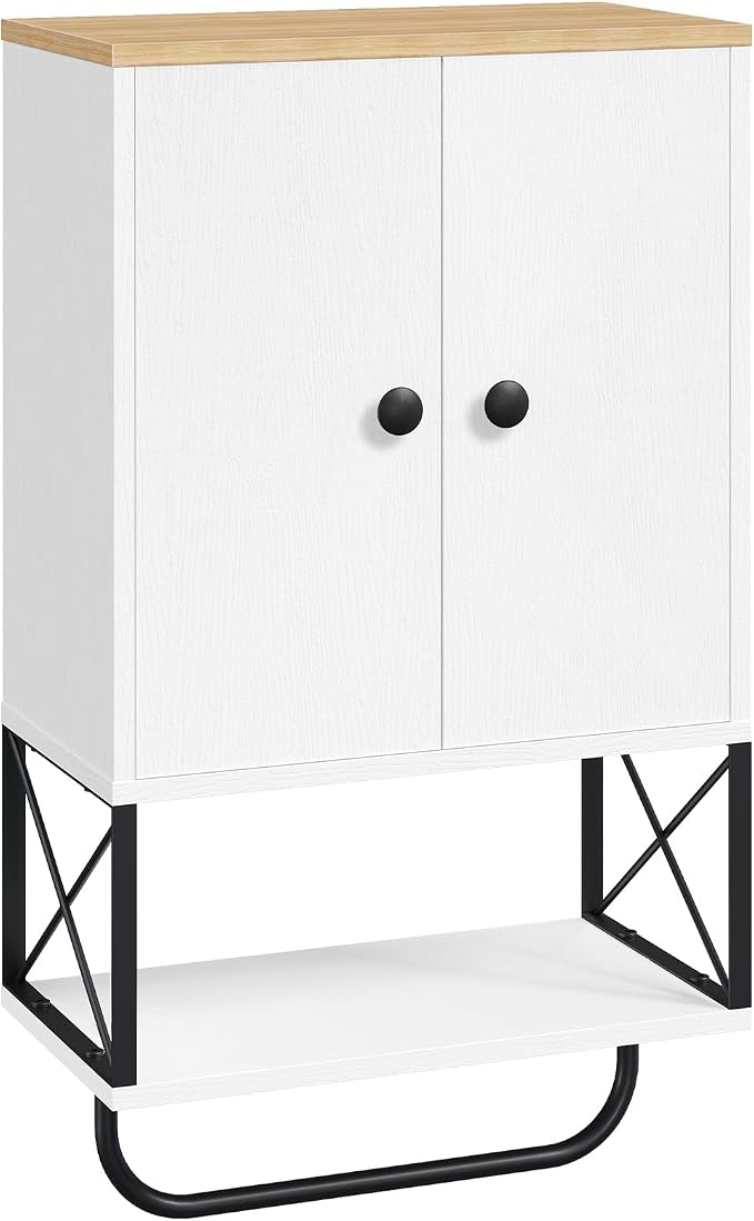MAHANCRIS Bathroom Wall Cabinet with 2 Door and Adjustable Shelf, Medicine Cabinet with Towel Rack, 3-Tier Wall Mounted Storage Cabinet Over The Toilet for Bathroom Laundry Room, White and Natural