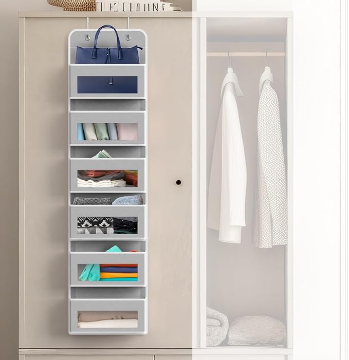 Simple Houseware 6 Clear Window Pocket Over Closet Door Storage Hanging Organizer for Bedroom, Bathroom, Pantry, Gray