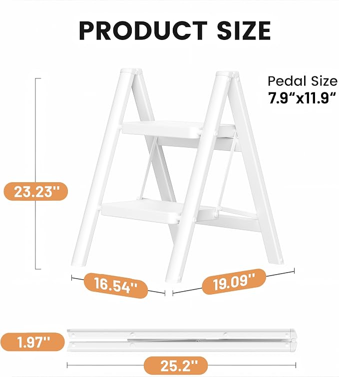 SOLADDER Step Stool, 2 Step Ladder with Anti-Slip and Wide Pedal, Portable Iron Foldable Stepladder for Home and Kitchen, 300lbs - White
