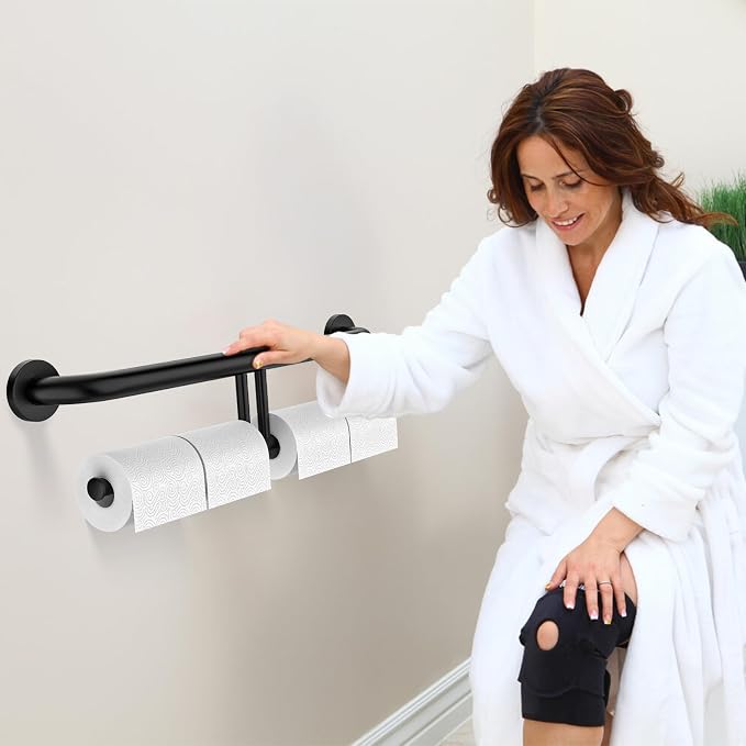 24 Inch Grab Bar w/Double Toilet Paper Roll Holder Black, iHansee Stainless Steel Shower Support Balanced Support Handle, Wall Mounted Safety Handrail Grab Rail for Elderly Senior Handicap Disabled