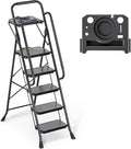 TOOLF Step Ladder, Sturdy Steel Step Stool with Anti-Slip Wide Pedals, Handrail, Safe-Lock Design, Folding Portable Ladder for Multi-Purpose, Home, Kitchen (5 Step Ladder)