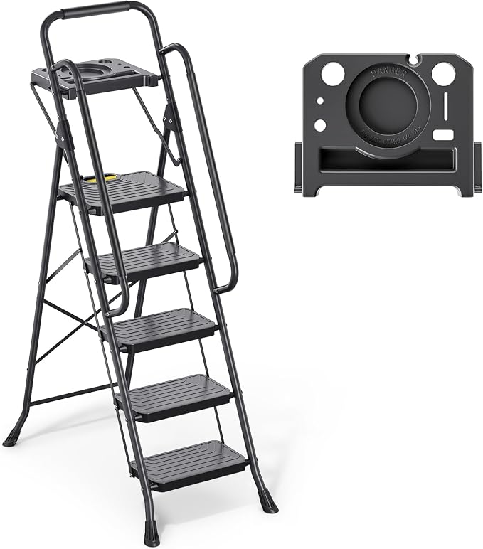TOOLF Step Ladder, Sturdy Steel Step Stool with Anti-Slip Wide Pedals, Handrail, Safe-Lock Design, Folding Portable Ladder for Multi-Purpose, Home, Kitchen (5 Step Ladder)