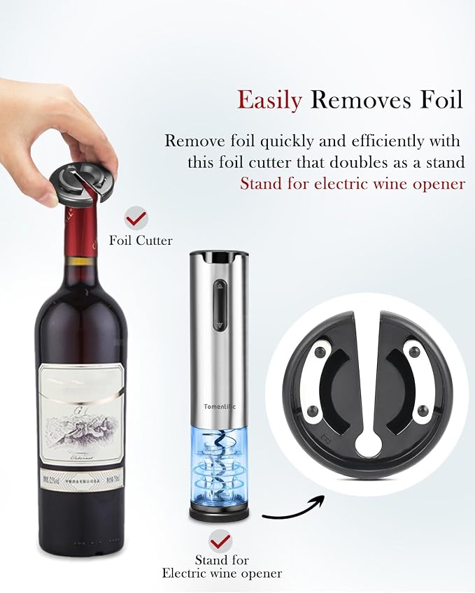 Electric Wine Opener Tomentific, Rechargeable Automatic Wine Corkscrew Bottle Opener With Foil Cutter, Type-C Charging Wine Openers With LED Light For Home Party Wedding Gifts (Stainless Steel)
