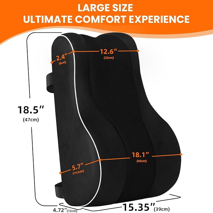CloudBliss Ergonomic Lumbar Support Pillow – Memory Foam for Lower Back Pain Relief, Adjustable Straps & Mesh Cover for Office, Gaming, Car Seat & Home Essentials (XL, Black)