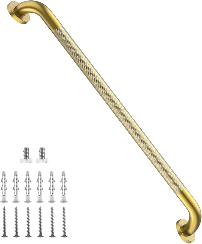 Shower Grab Bar 32 Inch, iHansee Brushed Gold Bathroom Grab Bar w/Anti-Slip Knurled Grip, Stainless Steel Bath Safety Bars Support Handrail for Senior Elderly, Toilet Bathtub Balance Handle for Wall