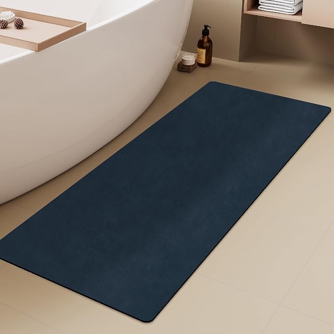 TYUU Bathroom Mat Quick Dry, Bathroom Rugs Non Slip Washable Thin Absorbent Bath Mat Fits Under Door Bathroom Floor Mat Perfect for Bath, Shower, or Sink 24"x70" Navy Blue