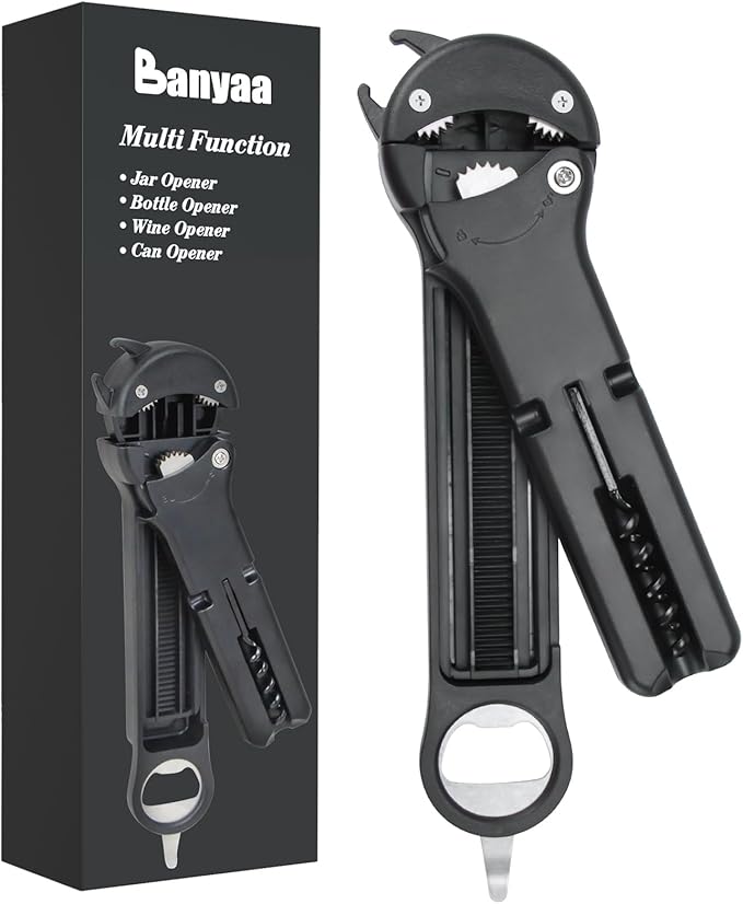 Jar Opener for Seniors with Arthritis, 7 in 1 Bottle Opener and Wine Corkscrew, Easy Grip Kitchen Gadget for Weak Hands Elderly, Retractable Jaw Lid Opener with Magnetic Storage (Black)