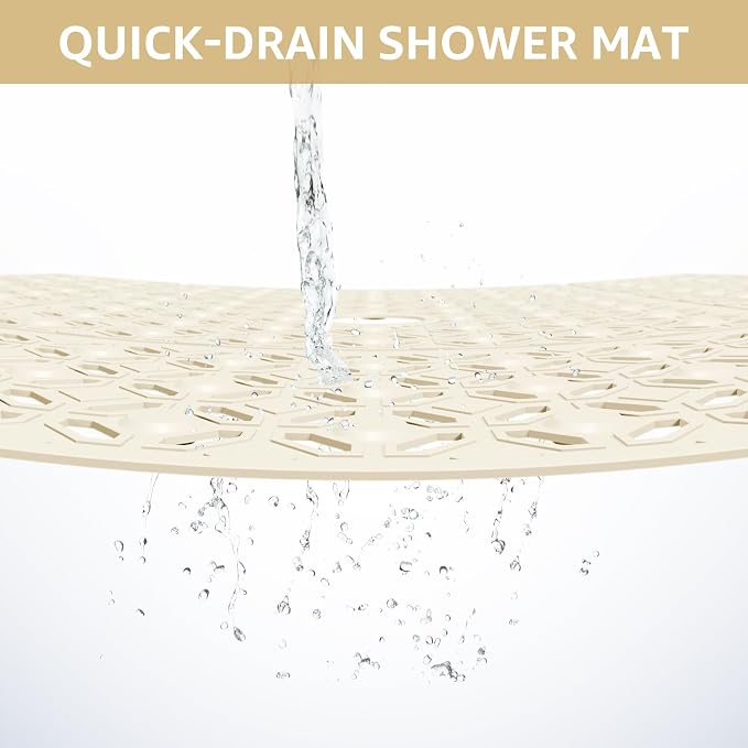 OTHWAY Square Shower Mat, 27"x 27" Extra Large Shower Mats for Inside Shower, TPE Anti Slip Shower mat with Suction Cups Drain Holes, Machine Washable Shower Floor Mat (Beige)