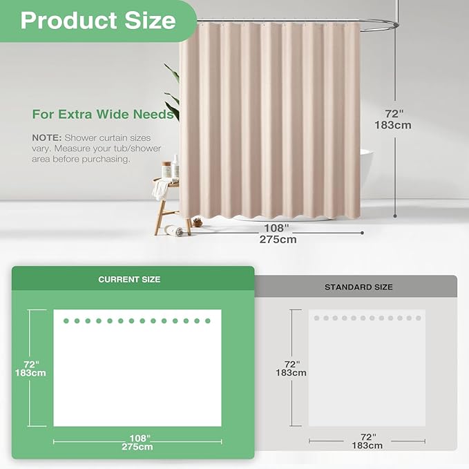 Dynamene Extra Wide Shower Curtain - 108 Inch Wide Waffle Weave Weighted Thick Cloth Bathroom Shower Curtain, Neutral Heavy Duty Hotel Bath Curtain Set with 18 Plastic Hooks, 108x72, Rose