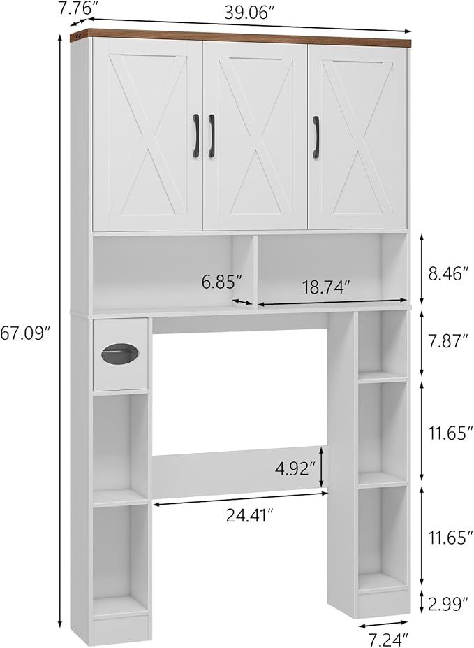 Over The Toilet Storage Cabinet,Farmhouse Toilet Cabinet Rack with 3 Barn Doors,Space Saving Bathroom Organizer with Shelves,Toilet Paper Holder & Towel Rack for Bathroom,Restroom,Laundry,Unique White