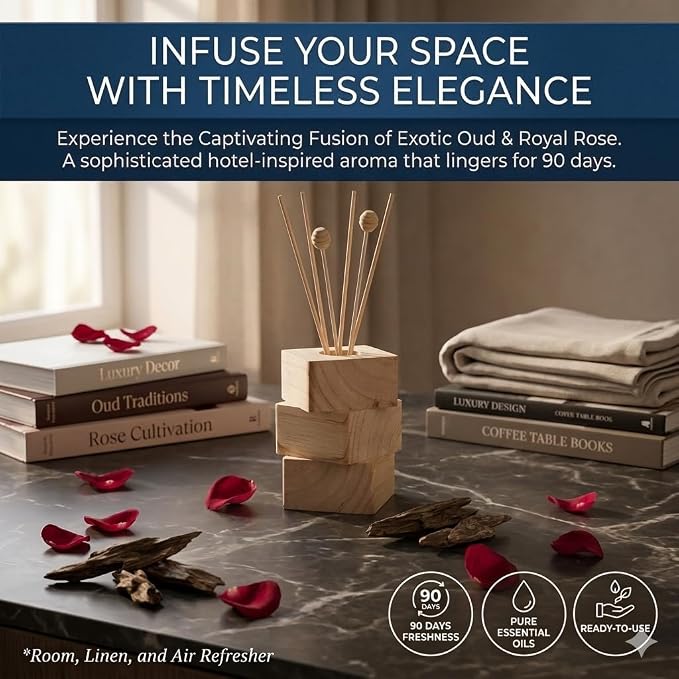 Oud Rose Reed Diffuser for Home, Luxury Hotel Collection Scent Inspired by Ritz Carlton, Long Lasting Fragrance, Minimalist Design, Bathroom Accessories/Bedroom Office Decor Gift, 3.34 Fl Oz