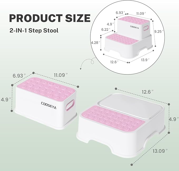 COOSEYA 2 Step Stools for Kids,Toddler Step Stool for Bathroom Sink,No-Slip Double up Stepping for Toddlers Bathroom, Multifunctional Toilet Potty Stool for Kids,Toilet Potty Training(2 Packs)（Pink）