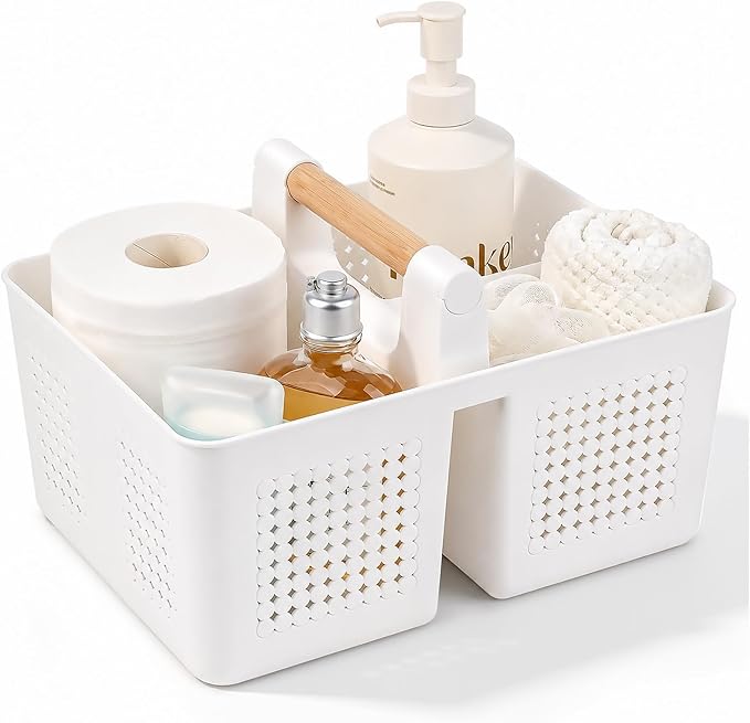 JiatuA Shower Caddy Basket Portable Caddy Organizer with Handle Cleaning Supplies Caddy Plastic Tool Storage for Bathroom Kitchen College Dorm Bedroom, White