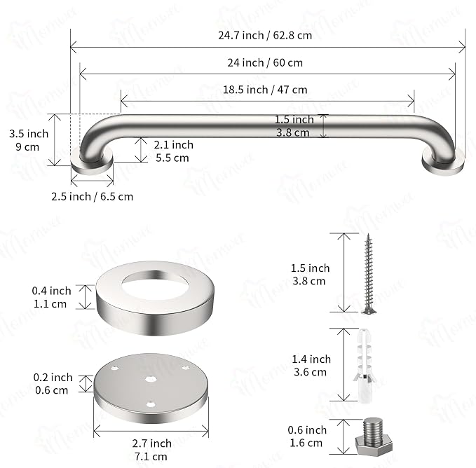 Satin Brushed Nickel Grab Bar 24 Inch x 1-1/2" Diameter, iMomwee 2 Pack Stainless Steel Bathroom Handrail, Safety Rail Shower Mobility Aid, Balanced Support Assist Handle for Elderly Seniors Disabled