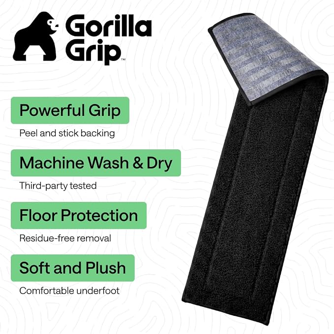 GORILLA GRIP Peel and Stick Stair Treads,12 Pack, for Wooden Steps, Multi-Surface Use, Machine Washable Carpet Runners, Indoor Rugs for Stairs, Pet Friendly, Universal Size, Black, 8x28 Inches