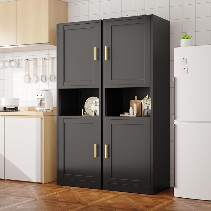 Tall Metal Narrow Bathroom Storage Cabinet 67" H, Tall Black Pantry Cabinets with 4 Adjustable Shelves and 2 Doors for Kitchen, Home Office, Living Room, Dining Room(20 inches Wide)