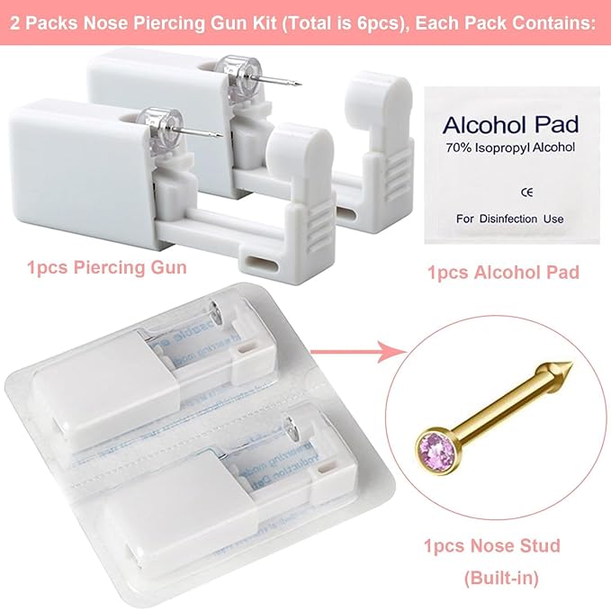 Nose Piercing Gun Kit - 6Pcs Self Nose Piercing Kit Unit Disposable Nose Piercing Gun Including 2Pcs Nose Piercing Gun with 2Pc Built-in Nose Studs and 2Pcs Clean Tools for Nose Cartilage Tragus Helix Piercing Kit(Gold, Purple )
